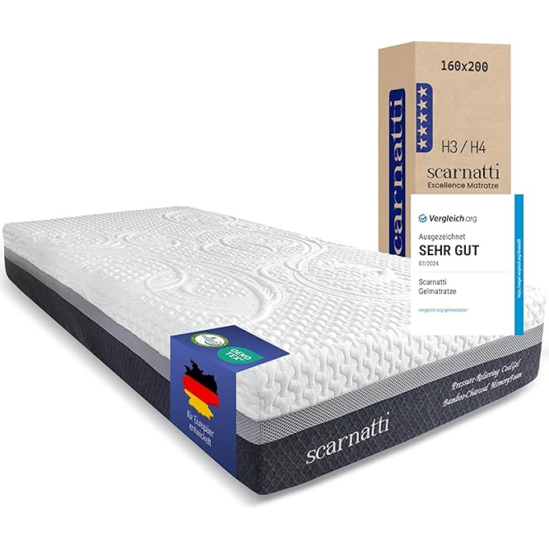 Scarnatti Mattress 160 x 200 cm, Cold Foam Mattress Test Winner, 27 cm Height - 7-Zone Memory with Cool Gel, H3-H4, No Sweating, No Movement Transmission, Green Tea & Bamboo Charcoal, Washable Cover