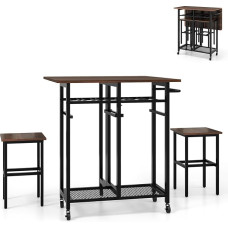 RELAX4LIFE 3-Piece Folding Dining Table Set, Bar Table on Wheels, Kitchen Table with 2 Stools, Dining Room Table with 6 Bottles Wine Rack & Shelves & Push Handle, Dining Set for 2 People (Brown +