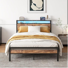 HOJINLINERO Double Bed Frame with Storage Compartment and LED Lights, Metal Bed Frame, Double Bed with Charging Station, Mattress Base/Underbed Storage, Heavy Duty Bed, 135 x 190 cm, Slatted Support