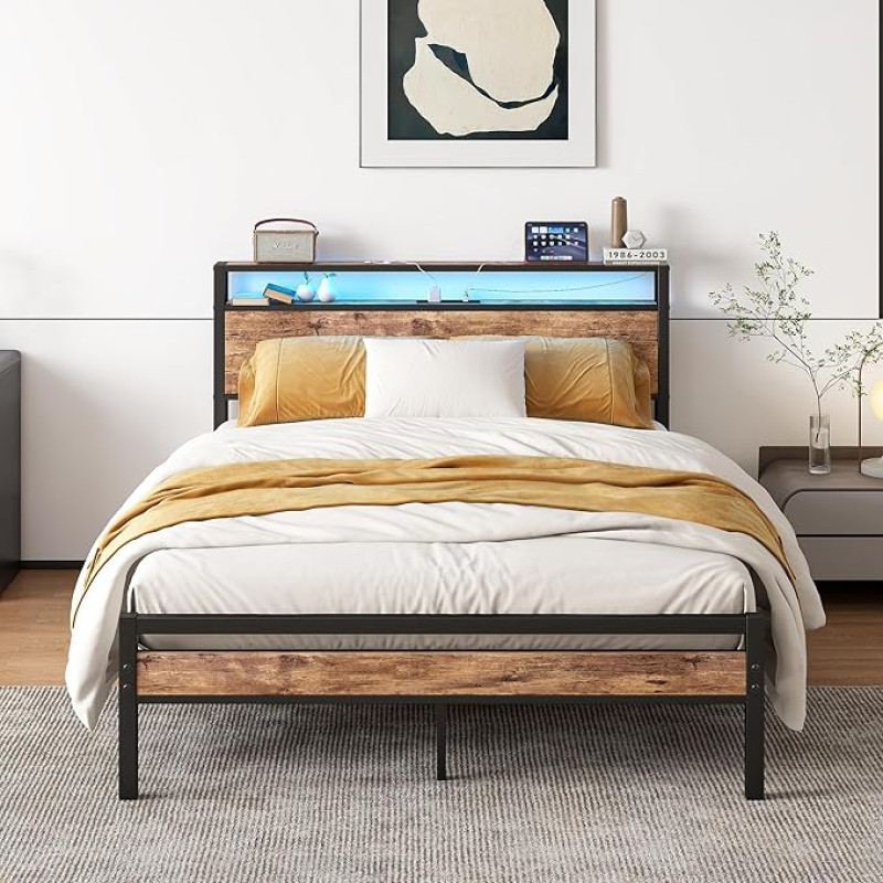 HOJINLINERO Double Bed Frame with Storage Compartment and LED Lights, Metal Bed Frame, Double Bed with Charging Station, Mattress Base/Underbed Storage, Heavy Duty Bed, 135 x 190 cm, Slatted Support