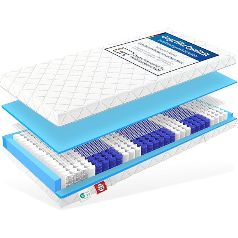 Matratzen Perfekt 7-Zone Cologne Pocket Spring Mattress, 160 x 200 cm, Barrel Pocket Spring Mattress with Excellent Point Elasticity, Hardness H5, Height 20 cm