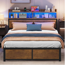 YITAHOME LED Bed Frame with Headboard, USB Ports and Charging Outputs, Metal Platform Bed Frame with 2 Shelves, No Mattress Required, Brown, 219 x 154 cm