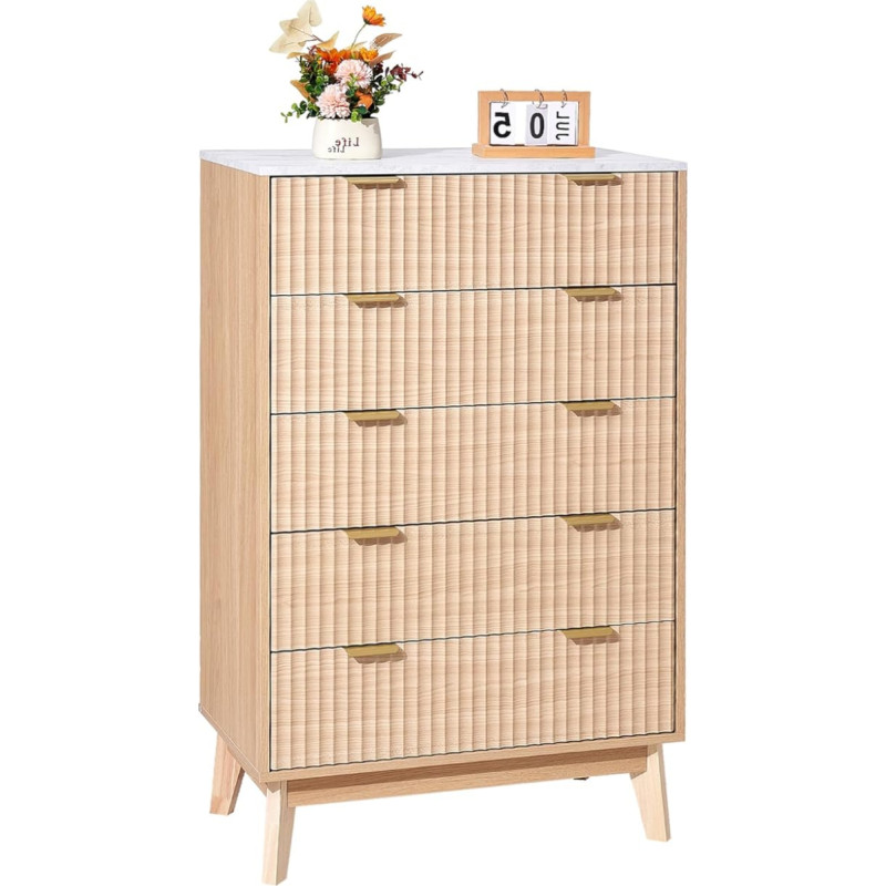 VEVOR Chest of Drawers with 5 Ribbed Drawers, Wooden Chest of Drawers with Sliding and Tilt Protection, Modern Minimalist Retro Drawer Cabinet Organiser for Living Room, Bedroom, Hallway (Light Wood)