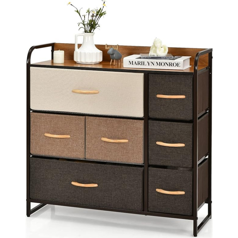 COSTWAY Chest of Drawers with 7 Drawers, Large Cabinet with Folding Fabric Drawers, with Sturdy Steel Frame & Wooden Top for Hallways, Bedrooms, Children's Rooms