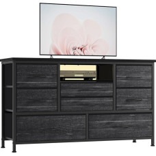Baloveby Chest of Drawers with 8 Drawers, TV Cabinet with LED Light, 3 Sockets & 2 USB, Chest of Drawers for Living Room, Hallway, Bedroom, Sturdy Metal Frame, Wooden Table Top (Black/Grey)