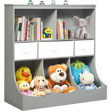 COSTWAY Children's Shelf, Toy Shelf with 5 Compartments and 3 Drawers, Bookcase for Children, Storage Shelf, Toy Organiser for Children's Room and Playroom, 93 x 40 x 94 cm, Grey