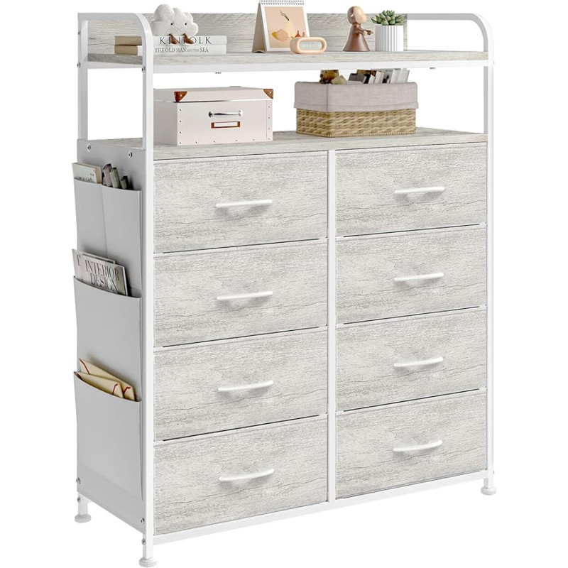 Mintnook Chest of Drawers Cupboard Storage Cabinet 8 Drawers Fabric 4 Side Pockets 2-Tier Wooden Shelves Storage Chest for Bedroom Living Room White Oak