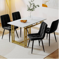 Sweiko Dining Room Sets (1 + 4), Golden Dining Table with 4 Black Velvet Dining Room Chairs, Leisure Chair, Living Room Chair with Backrest, Modern Kitchen Table with 4 Padded Chairs