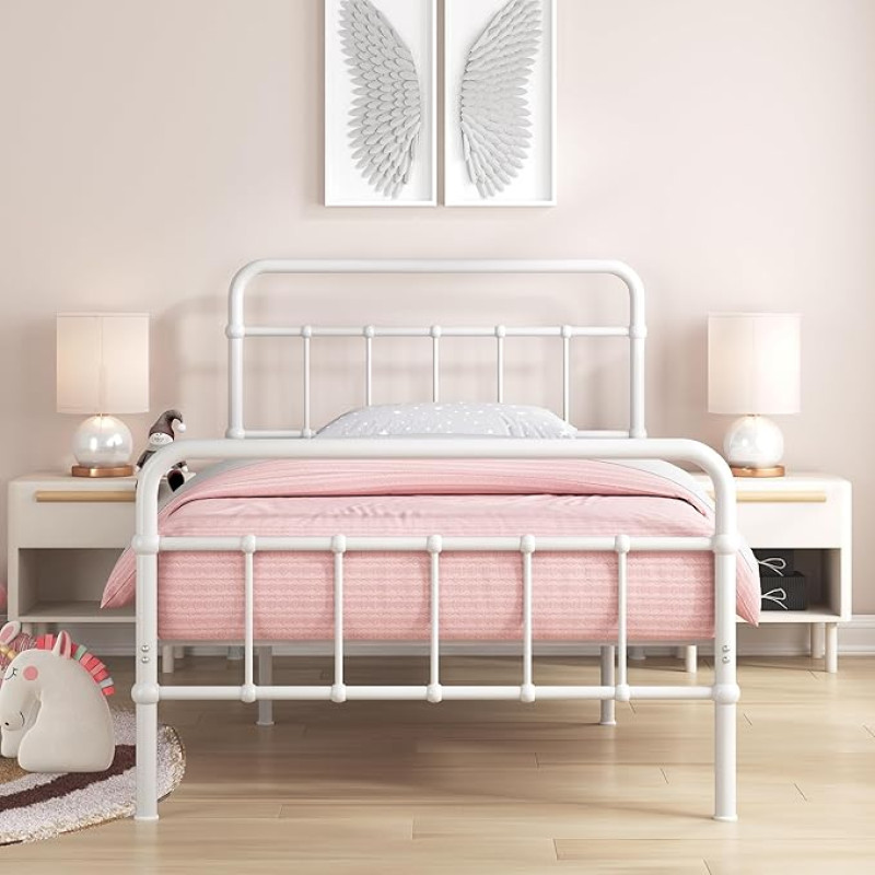 Zinus Florence 90 x 190 cm - 30 cm High - Single Bed - Platform Metal Bed Frame with Headboard and Footboard - White