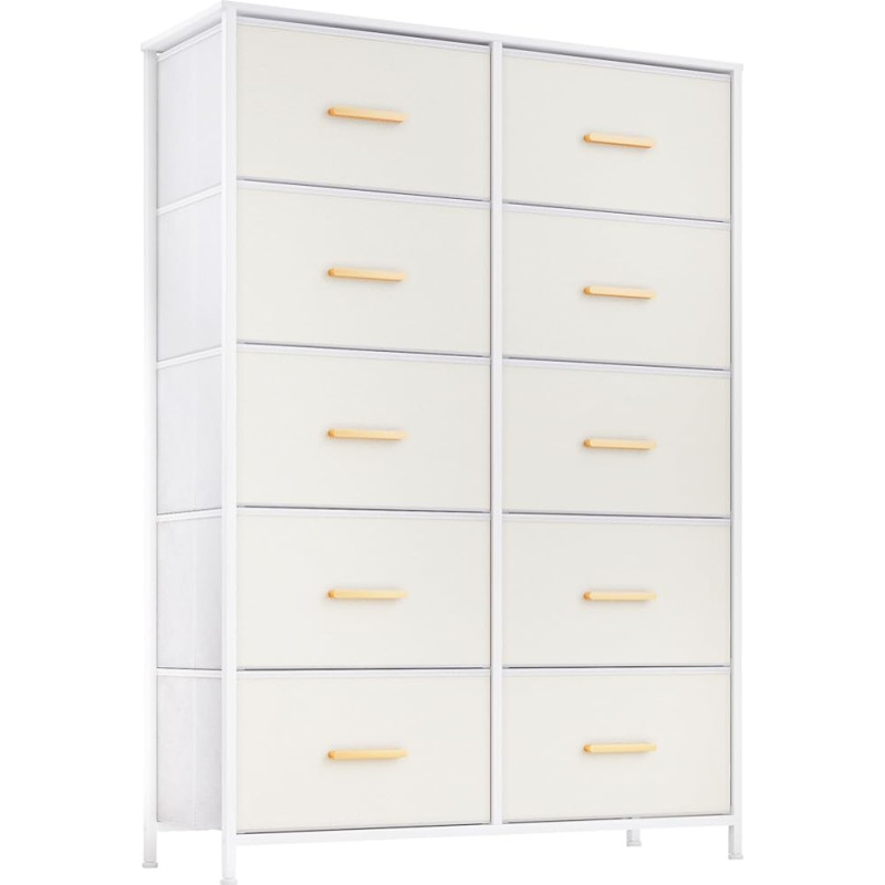 LLappuil Cream White Bedroom Chest of Drawers 10 Drawers Faux Leather Drawer Dresser with Luxury Gold Handles Wooden Top for Closet Hallway Entrance