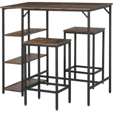 HOMCOM Bar Table Set with 2 Bar Stools Dining Set 3-Piece Place Mat Kitchen Counter with Shelves Chipboard Steel Rustic Brown + Black 109 x 60 x 100 cm