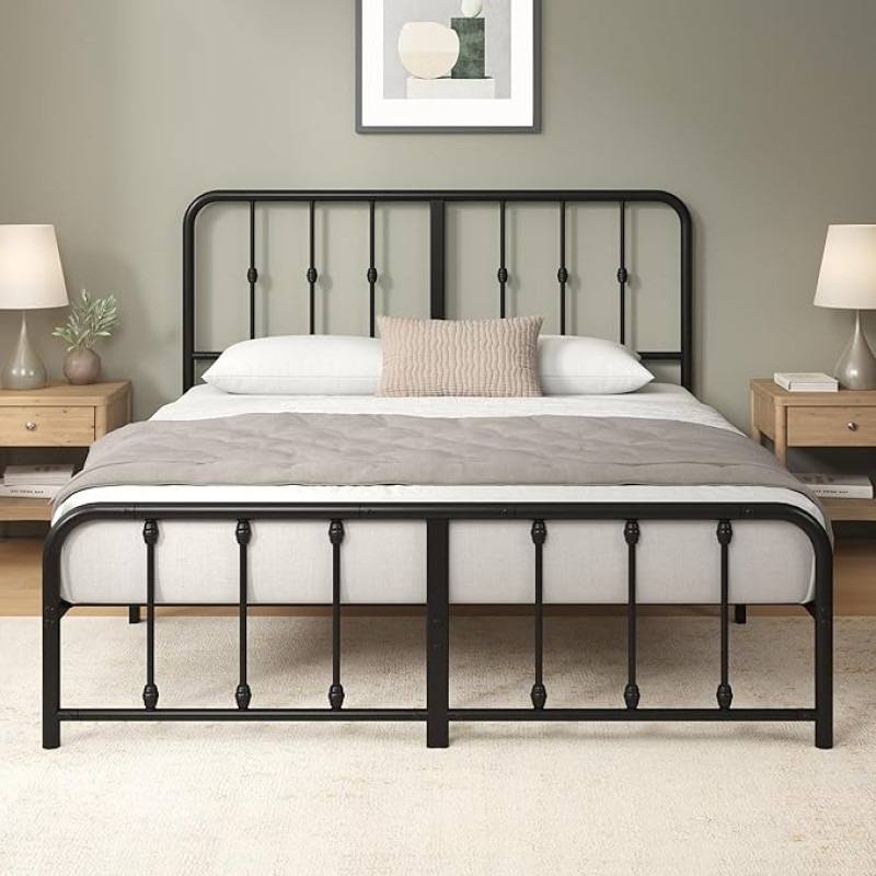 Zinus Florence Double Bed 160 x 190 cm - Bed 160 x 190 cm - Bed Frame with Metal Headboard and Footboard - Height 35 cm - Metal Slatted Frame Included - Storage Space Below - Black