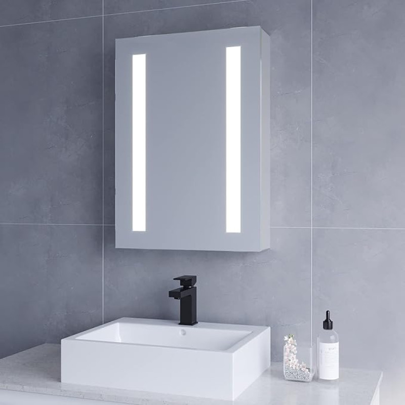Bathroom Cabinet with Mirror 50 x 70 x 13 cm (W x H x D) Aluminium Bathroom Mirror Cabinet with Socket LED Lighting Infrared IR Sensor Dimmable Anti-Fog Anti-Fog Cool White Light CE IP44