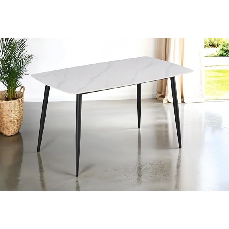 SAM Milano Dining Table 140 x 80 cm White Matte Ceramic Top Dining Room Table / Ceramic Table with Round Corners 4 Foot Metal Frame Black Easy-Care Ceramic Table