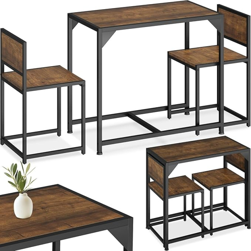 tectake 3-Piece Industrial Design Dining Set for 2 People Made of Wood + Metal, Dining Room Set with Dining Table and 2 Chairs, Black Metal Frame (Industrial Dark Brown)