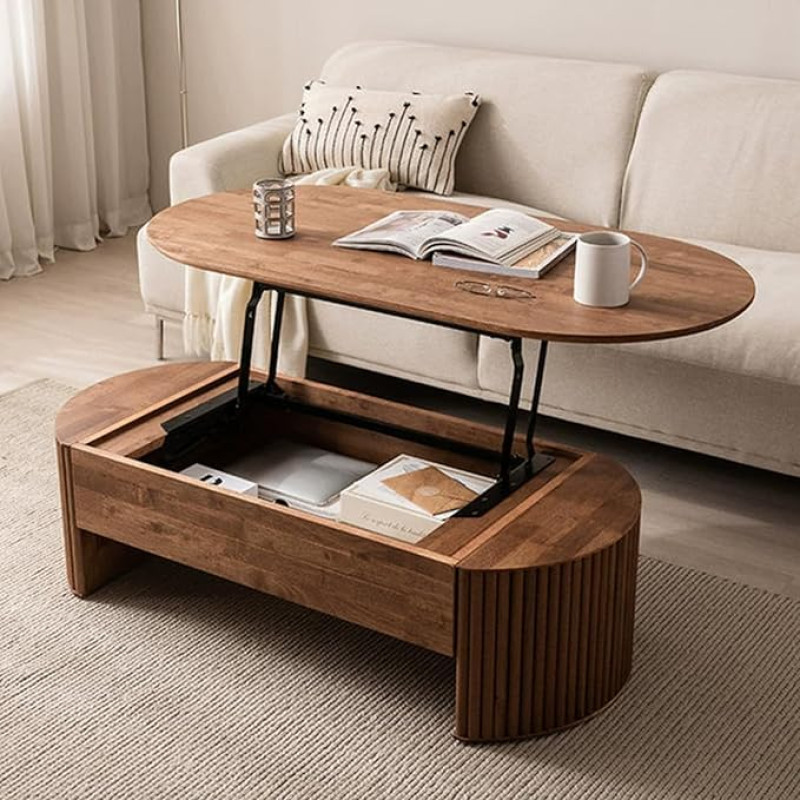 Mid Century Modern Coffee Table with Lifting Plate, Oval Design with Storage for Living Room, Space Saving Center Table