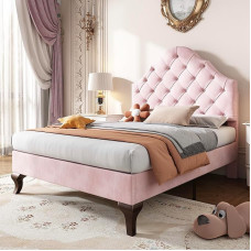 BTM Single Bed 90 x 190 cm, Upholstered Bed with Slatted Base and Headboard, Single Bed Frame with Height-Adjustable Headboard, Velvet, Pink