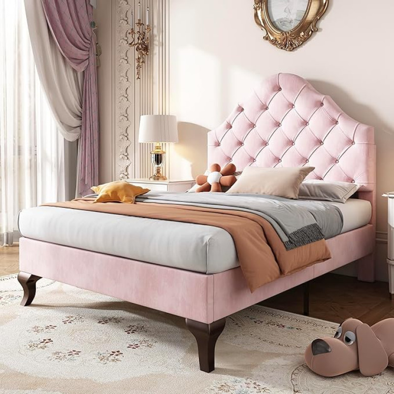 BTM Single Bed 90 x 190 cm, Upholstered Bed with Slatted Base and Headboard, Single Bed Frame with Height-Adjustable Headboard, Velvet, Pink
