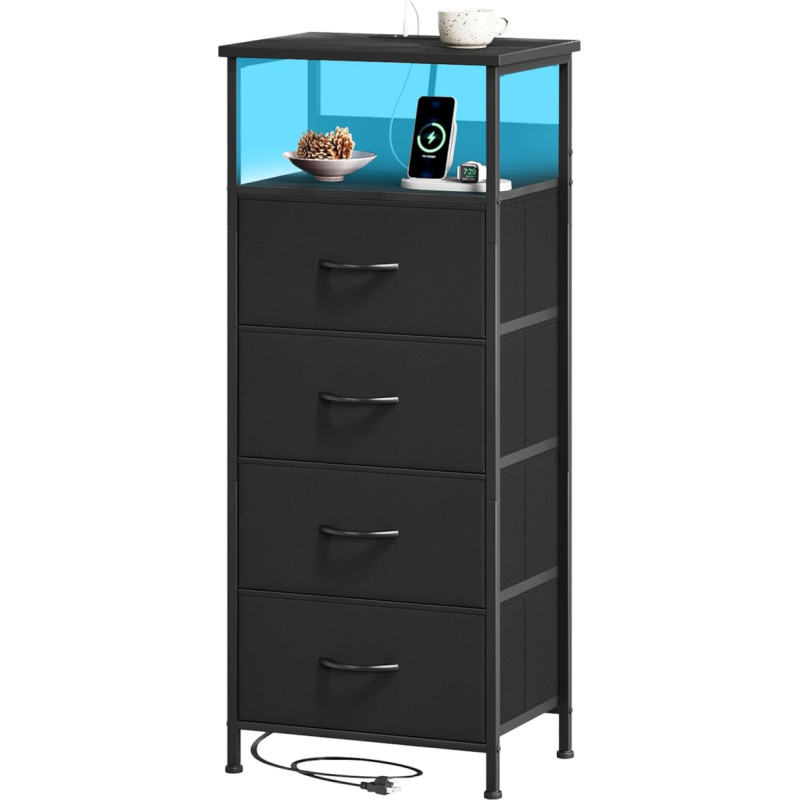 Somdot Chest of Drawers Black with Charging Station and LED, Sideboard with 4 Fabric Drawers, 2 Sockets, 2 USB, Cabinet for Bedroom, Living Room, Dresser Cabinet, Storage Cabinet