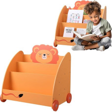 Navaris Bookcase for Children - Children's Room Shelf for Books and Toys Made of Wood - 60 x 58 x 40 cm - Book Shelf with Wheels - Organiser Orange Yellow Lion