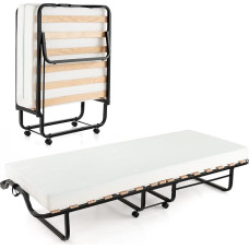 COSTWAY Single Adult Folding Bed 78 x 199 cm with 10 cm Orthopaedic Memory Foam Mattress, Load 220 kg, Folding Guest Bed, 4 Wheels and 15 Slatted Base