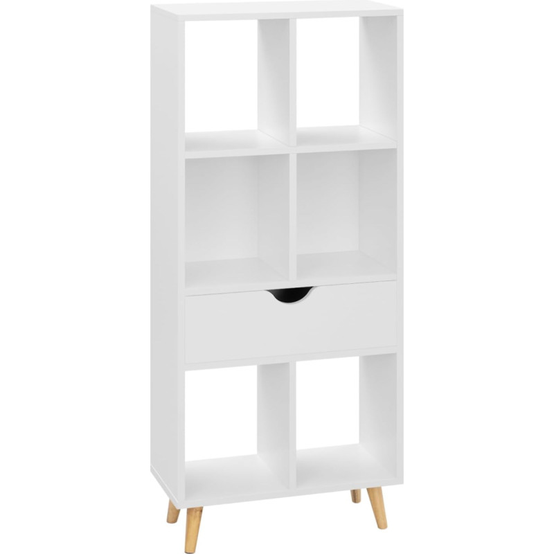 EUGAD Bookcase, Bookcase, Room Divider, Filing Shelf, Storage Shelf, Standing Shelf with Drawer with MDF Legs, 6 Compartments, White, 50 x 121 x 24 cm