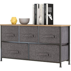 Mondeer Chest of Drawers with 5 Non-Woven Drawers, Sturdy Iron Frame, Wooden Top, Suitable for Bedroom, Living Room, Hallway, Grey