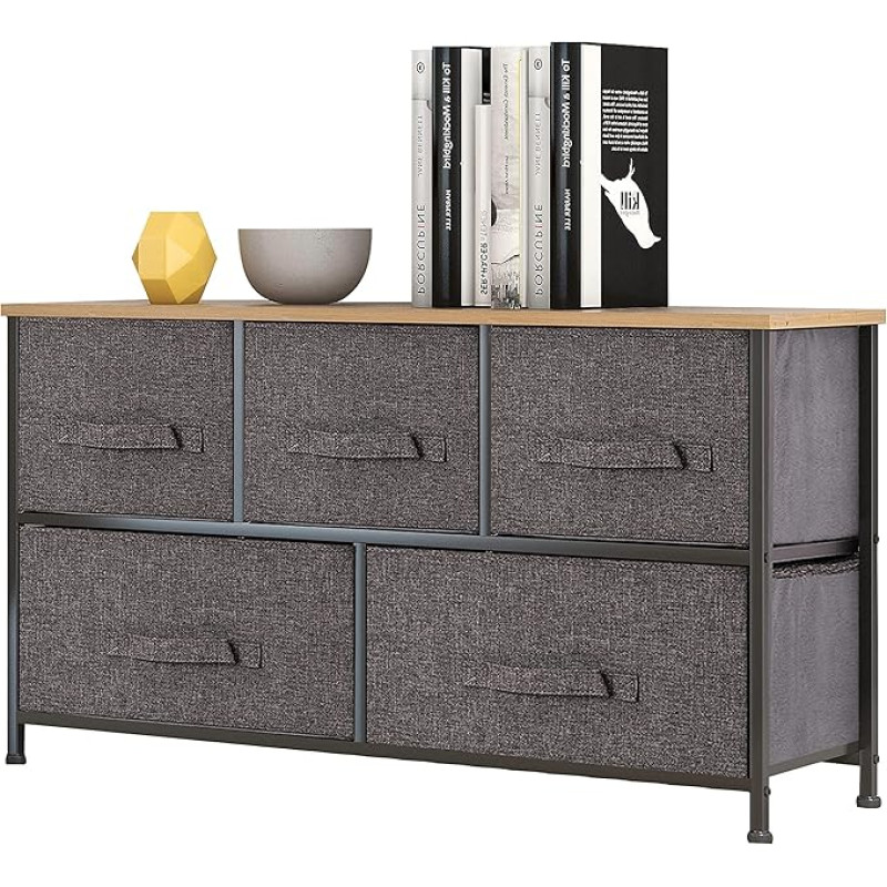 Mondeer Chest of Drawers with 5 Non-Woven Drawers, Sturdy Iron Frame, Wooden Top, Suitable for Bedroom, Living Room, Hallway, Grey