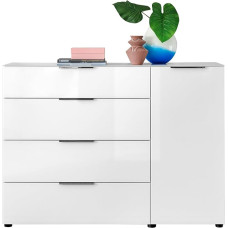Santorin Chest of Drawers White with Glass Front, Cabinet Body in White with Glass Top Shelf with Lots of Storage Space and Drawers for Your Living Area – 135 x 99 x 40 cm (W x H x D)