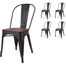 Kosmi - Set of 4 Chairs in Black and Wood in Industrial Style Factory in Matt Black Metal and Dark Wood Seat