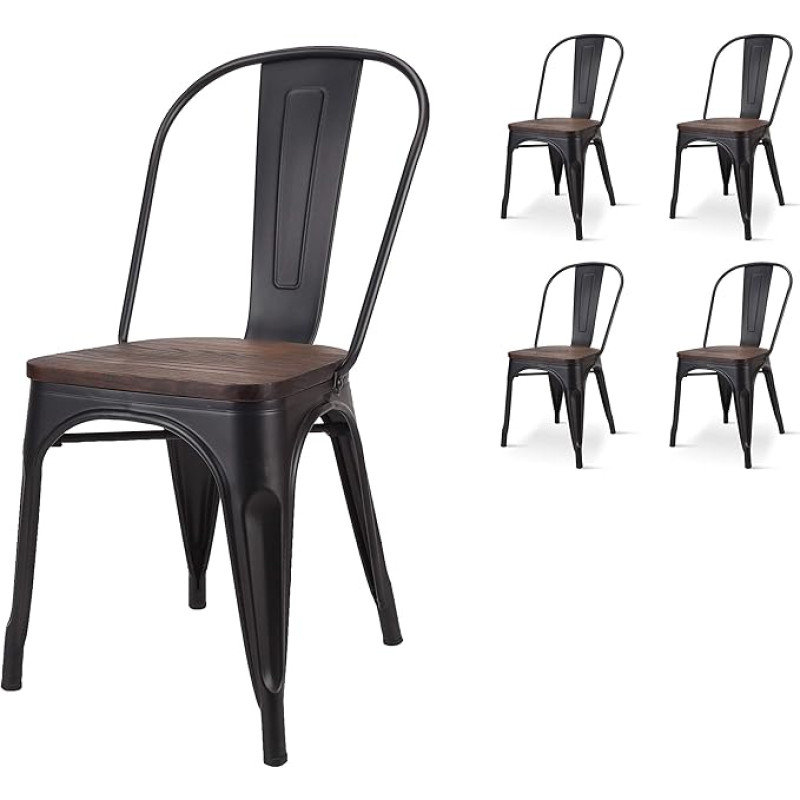 Kosmi - Set of 4 Chairs in Black and Wood in Industrial Style Factory in Matt Black Metal and Dark Wood Seat