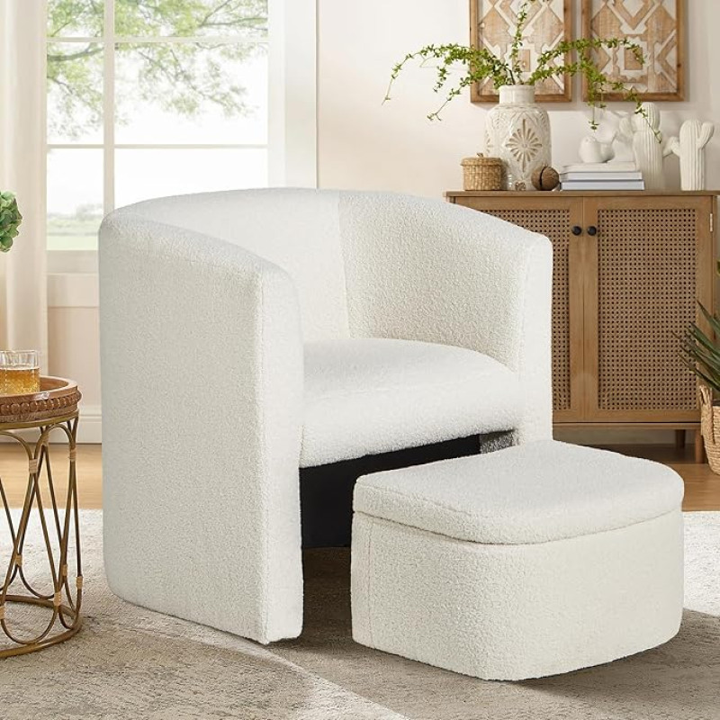 Barrel-Akzentstuhl mit Stauraum, cremefarbener Akzentstuhl für Wohnzimmer, Fasssessel, gepolstert, moderner Seitenstuhl, Einzelsofa für kleine