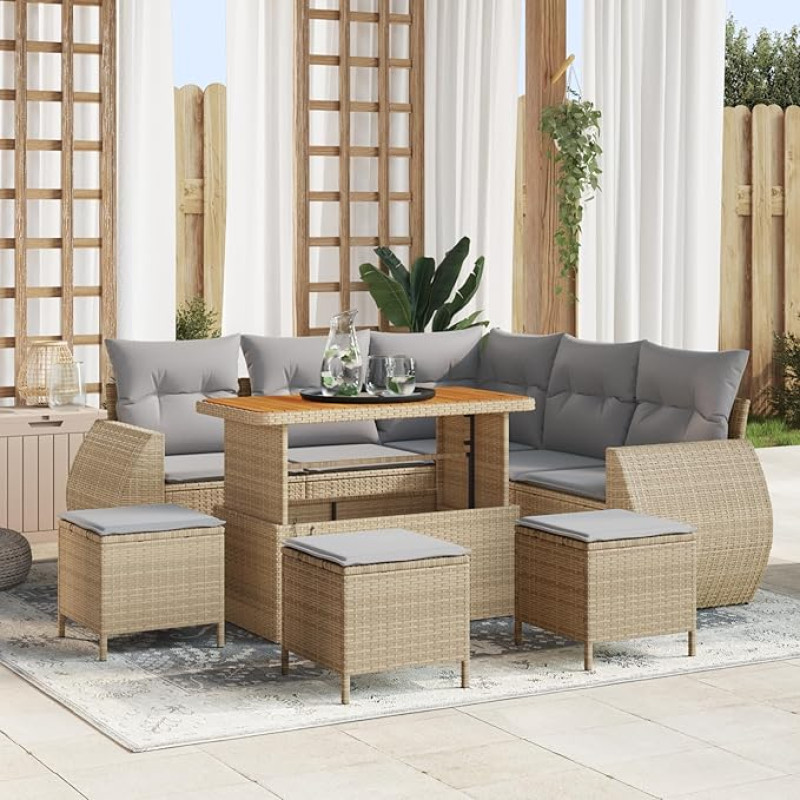 Rantry 9-teiliges Garten Sofa Set mit Kissen Beige Poly Rattan Akazie Gartenlounge Model3361882