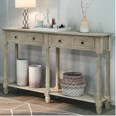Farmhouse Narrow Console Sofa Table with 2 Drawers and Bottom Shelf, Rustic Distressed Grey