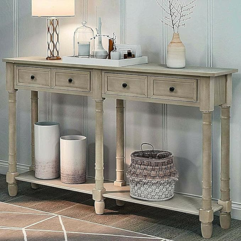 Farmhouse Narrow Console Sofa Table with 2 Drawers and Bottom Shelf, Rustic Distressed Grey