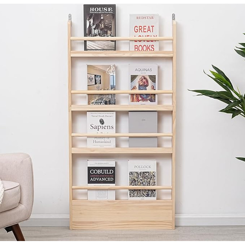 SweetBin Children's Bookcase 4 Tiers - Space Saving Behind the Door Storage Shelf - Pine Wood Thin Bookcase 4 Shelves Wall Mounted - Suitable for Children's Books in Bedroom, Living Room and