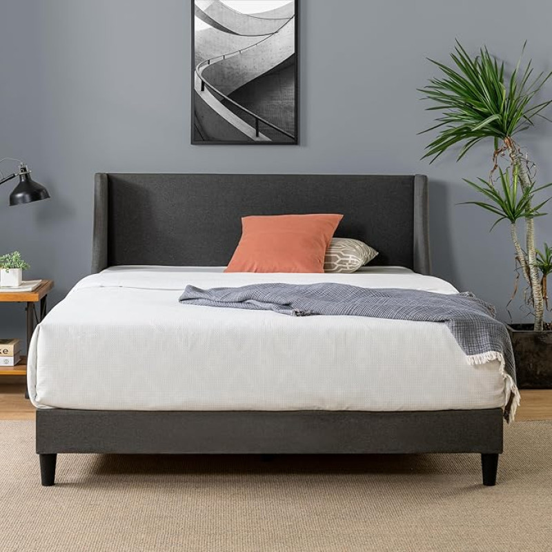 Zinus Evelyn Bed 140 x 200 cm - Height 25 cm - Padded Bed Frame with Wide Wingback Headboard - Dark Grey