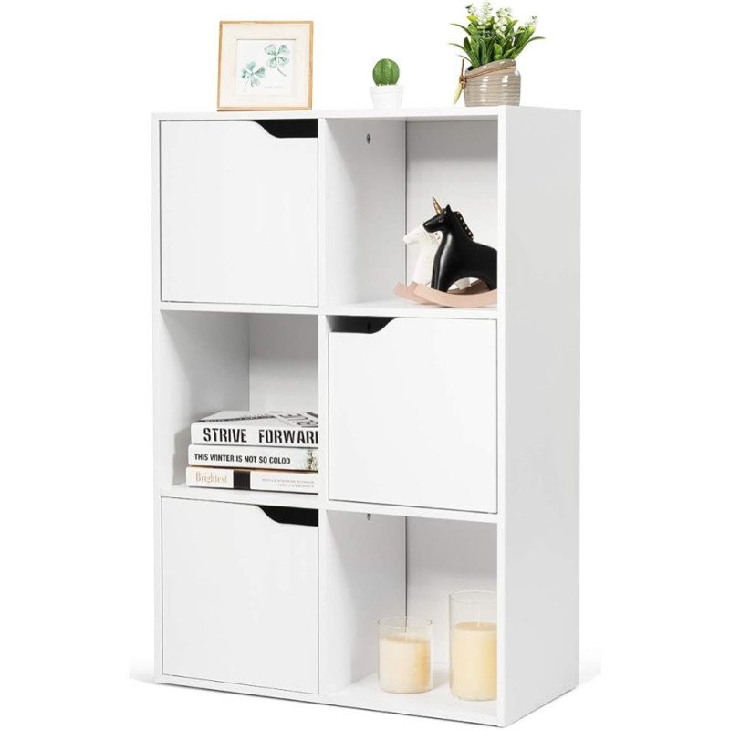 RELAX4LIFE Bookcase with 6 Compartments, Freestanding Book Shelf with 3 Doors, Sturdy Standing Wooden Office Shelf, for Living Room, Study, Hallway and Office, File Shelf Load Capacity up to 80 kg, White