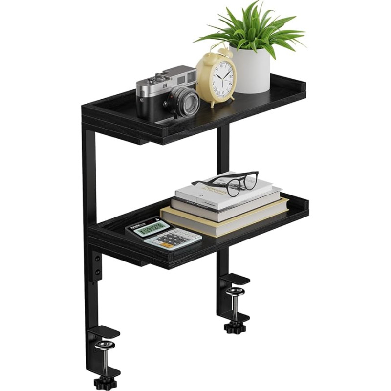 THYGIFTREE Desk Clamp Shelf, 2 Tier Wooden Shelf for Office Gaming Accessories, Table Shelf for Books, Shelf for Top of Desk, Black