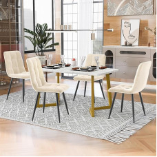 KUAKE Dining Table with 4 Chairs Set, 117 x 68 cm, Rectangular Dining Table, Modern Kitchen Table Set, Velvet Kitchen Chair, Golden Table Legs (Beige)