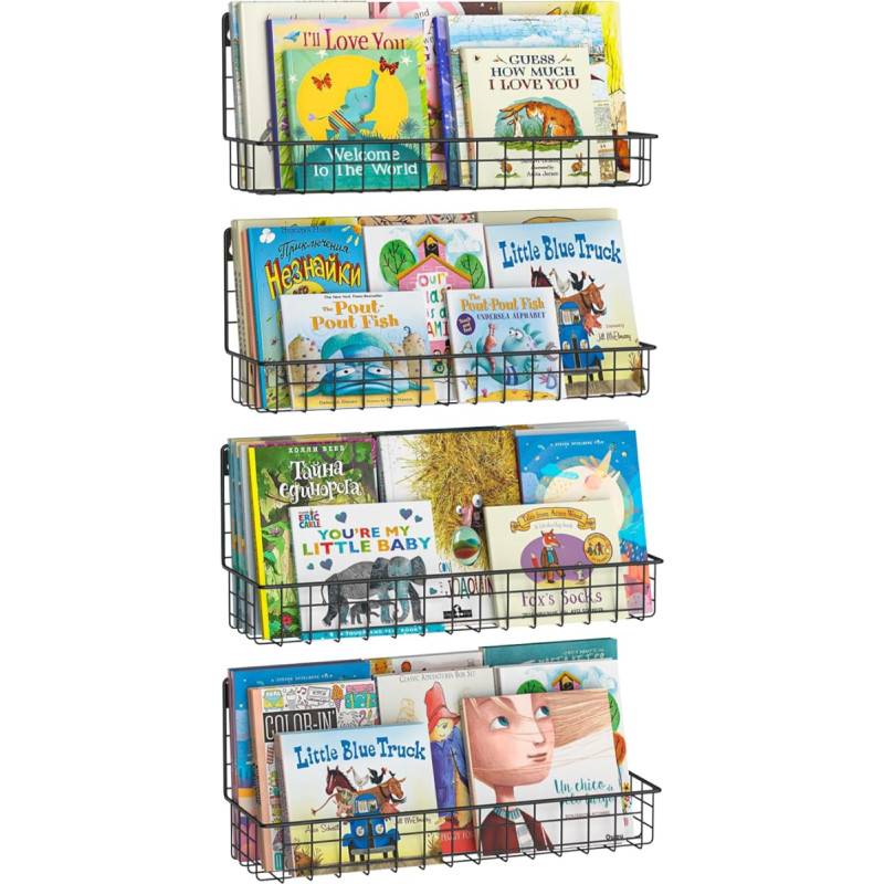 Wall Mounted Metal Kids Bookcase, Floating Bookshelves for Kids Room, Toddler Room, Classroom, Hanging Bookcase Organizer for Room Decoration, Black, Set of 4
