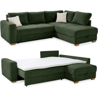 15213 Long-Lasting Corner Sofa W 257 / D206 / H 85 cm with Box Spring Padding, Spring Core, Wave Springs, Cold Foam Topper, Bed Box, Sleep Function, Ottoman Mountable on Both Sides, Cord in Green