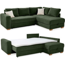 15213 Long-Lasting Corner Sofa W 257 / D206 / H 85 cm with Box Spring Padding, Spring Core, Wave Springs, Cold Foam Topper, Bed Box, Sleep Function, Ottoman Mountable on Both Sides, Cord in Green