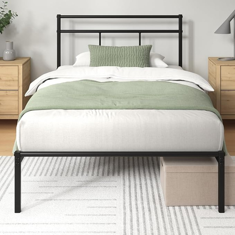 Zinus Elias Metal Bed Frame 90 x 190 cm with Headboard, Easy Assembly, Height 30 cm, Bed with Metal Slat Holder, Under Bed Storage, Modern Design, Black