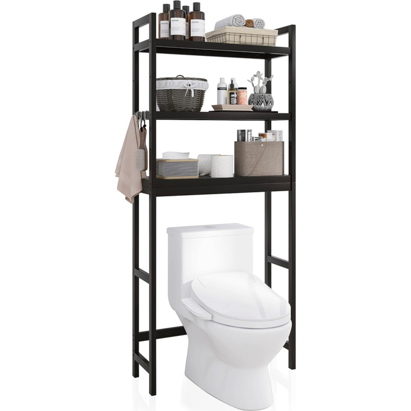 SMIBUY Bathroom Storage Rack, Bamboo Over the Toilet Organiser Rack, Freestanding Toilet Space Saver with 3 Tier Adjustable Shelves (Black)
