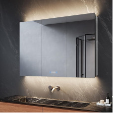 SVNR Bathroom Mirror Cabinet, 100 x 60 x 13 cm, Bathroom Cabinet with 3 Glass Doors, 3 mm Copper-Free Cosmetic Mirror, Adjustable Shelves, Stainless Steel, Anti-Fog, Socket (Black)