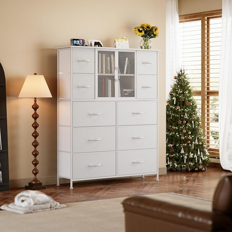 VERMESS Chest of Drawers for Bedroom with Mesh Door, Tall Dressers and Dressers with 10 Fabric Drawers, Modern Dresser Organiser, Metal Frame, Wooden Top, for Closet, White