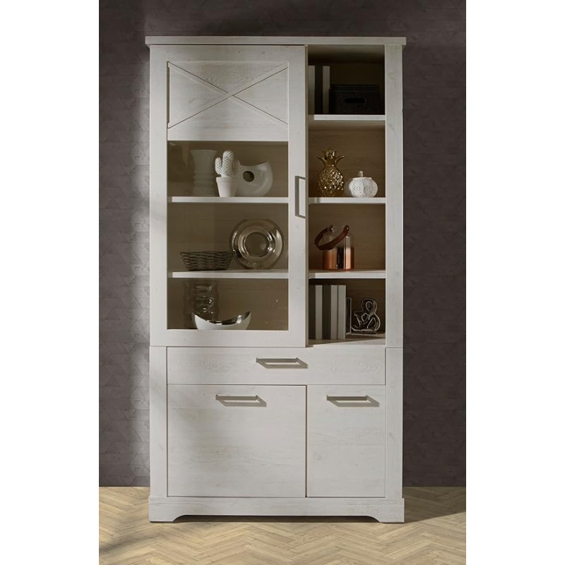 Forte Rockhampton 100 110 Modern Living Room Display Cabinet with 2 Doors, 1 Glass Door, 1 Drawer, Standing Display Cabinet White, Composite Wood, Pine White Wood Decor, 108.2 cm Wide x 206.2 cm High