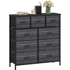 DWVO Chest of Drawers with 9 Drawers, Fabric Cabinet with Handles, Metal Frame & MDF Wooden Top, Durable, for Bedroom & Living Room, Wood Grain Anthracite Black