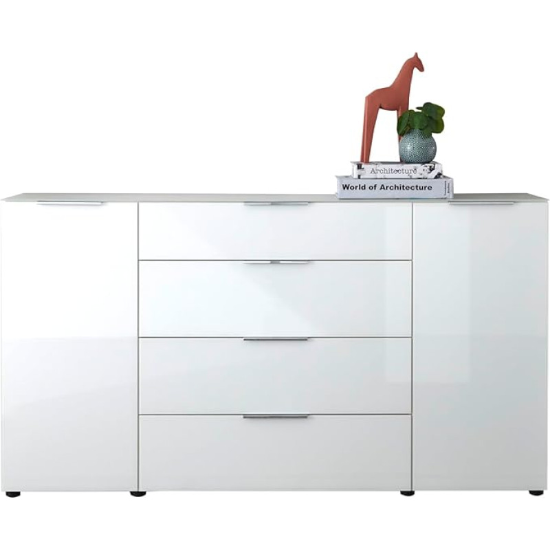Stella Trading Santorin Sideboard White 180 cm Wide with Glass Front, Cabinet Body in White with Glass Top Shelf and Drawers for Your Living Area 180 x 99 x 40 cm (W x H x D)